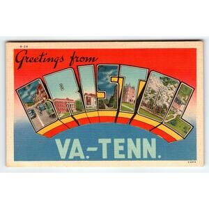 Greetings From Bristol Virginia 1940's Postcard Large Letter Linen Vintage VA